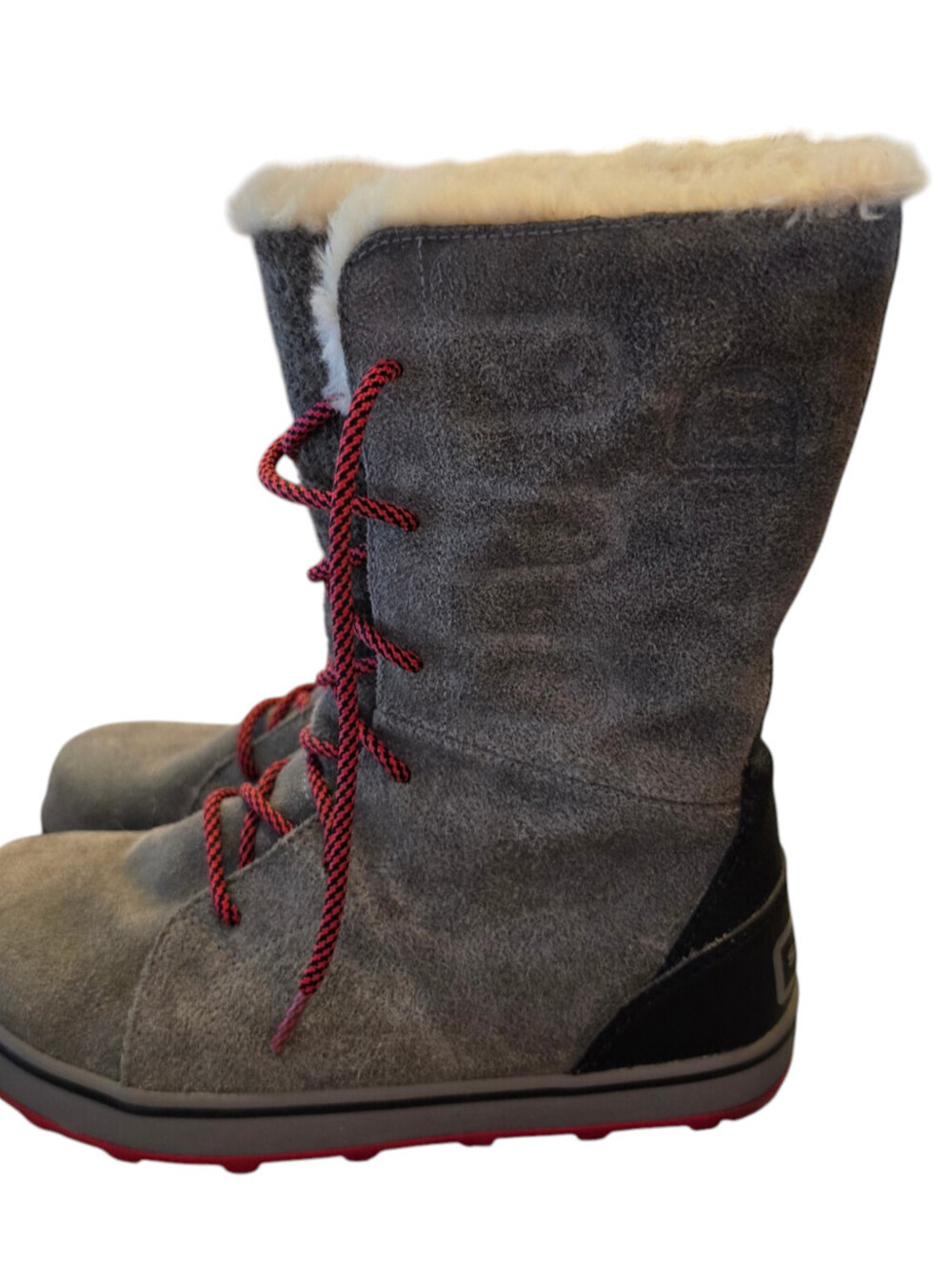 Sorel Women's Sz 7.5 Glacy Lace Snow Boots Gray Suede w/ Red Laces